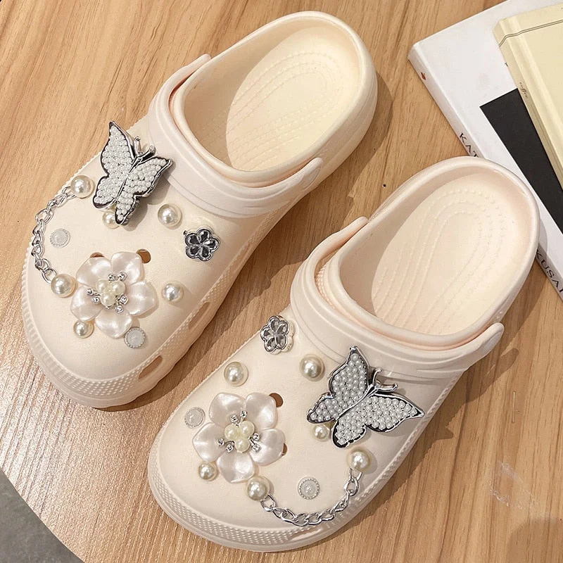 Summer Women Slippers Shoes With Charms Jewelry Garden Shoes Wedges Platform Sandals Antiskid Female Clogs Flip Flops For Woman