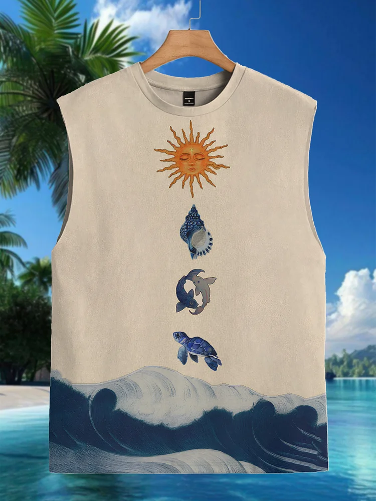 Men's Sea Wave Conch Sun Koi Turtle Printed Tank Top