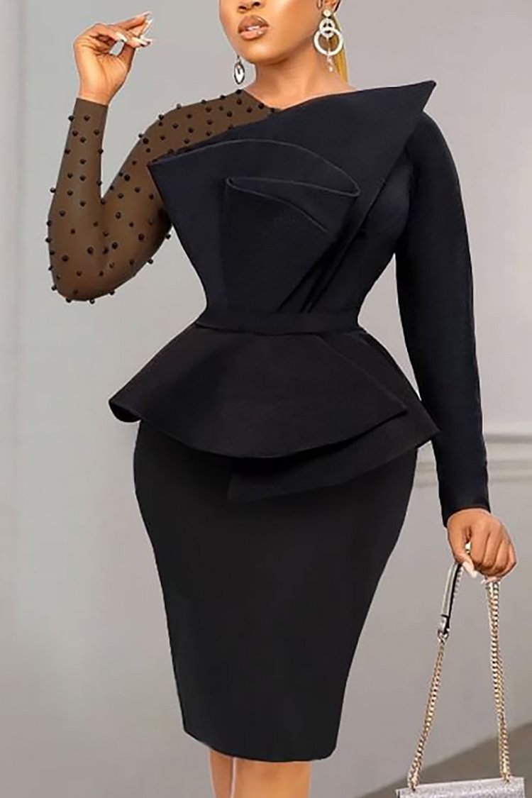 Plus Size Work Black Mesh Ruffle Bodycon Midi Dress
