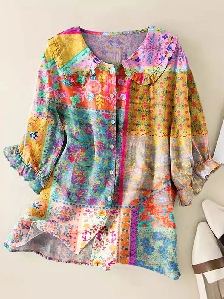 Women Vintage Floral Art Print Loose Peter Pan Collar Half Sleeve Blouses