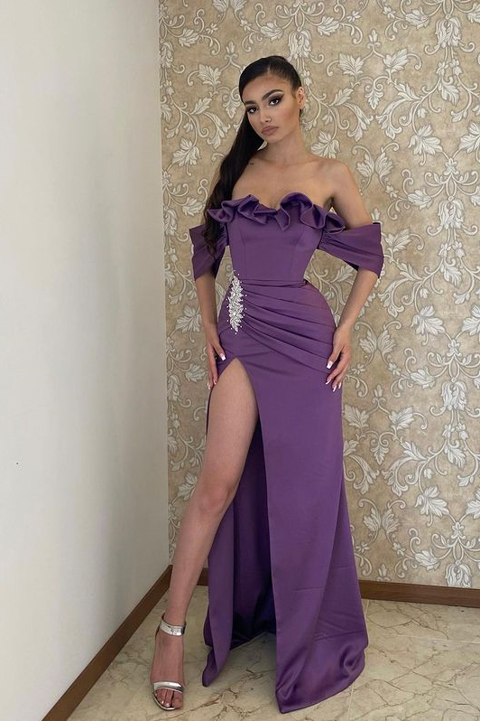 Modern Off-the-Shoulder Purple Prom Dress Split Long - lulusllly