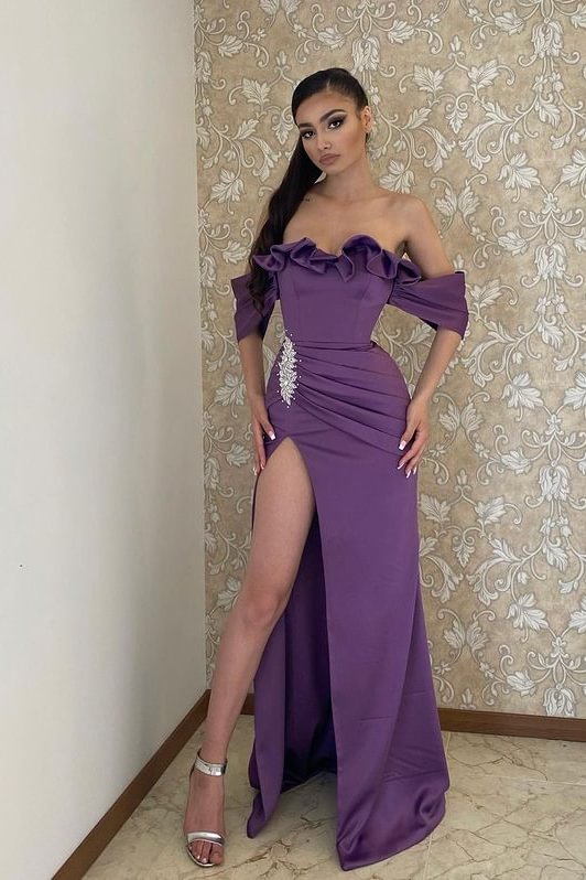 Off-the-Shoulder Purple Prom Dress With Split | Ballbellas Ballbellas