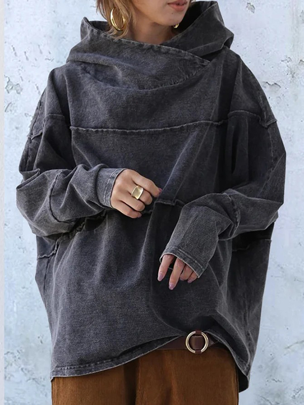 Loose Long Sleeve Denim Hooded Blouses