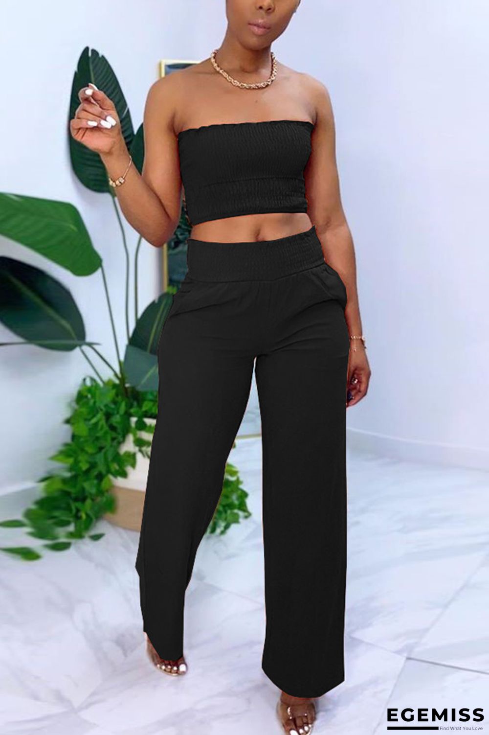 Black Chlorine Fashion Casual adult Ma'am Solid Two Piece Suits Straight Sleeveless Two Pieces | EGEMISS