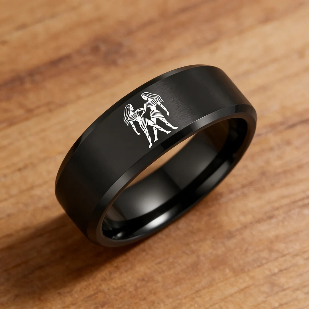 Black Gemini Tungsten Carbide Rings Beveled Edges Black Laser Etched Couple Wedding Bands 4MM 6MM 8MM Width