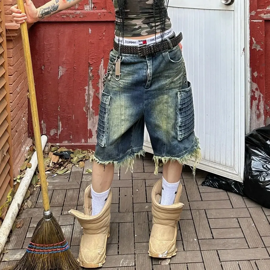 Collectvip Heavy Industry High Street Straight Loose Wide Leg Knee Length Jeans Trendy American Oversized Big Pocket Workwear Cropped Pants