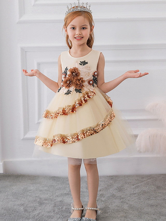 Oknass Ball Gown Sleeveless Jewel Neck Flower Girl Dresses Lace Tulle With Tier Paillette