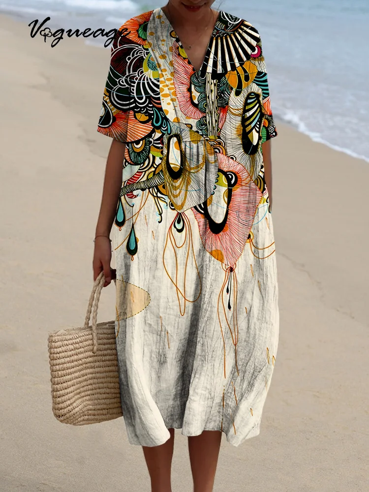 Fashionable Creative Painting Printed Women's Casual Cotton And Linen Dress