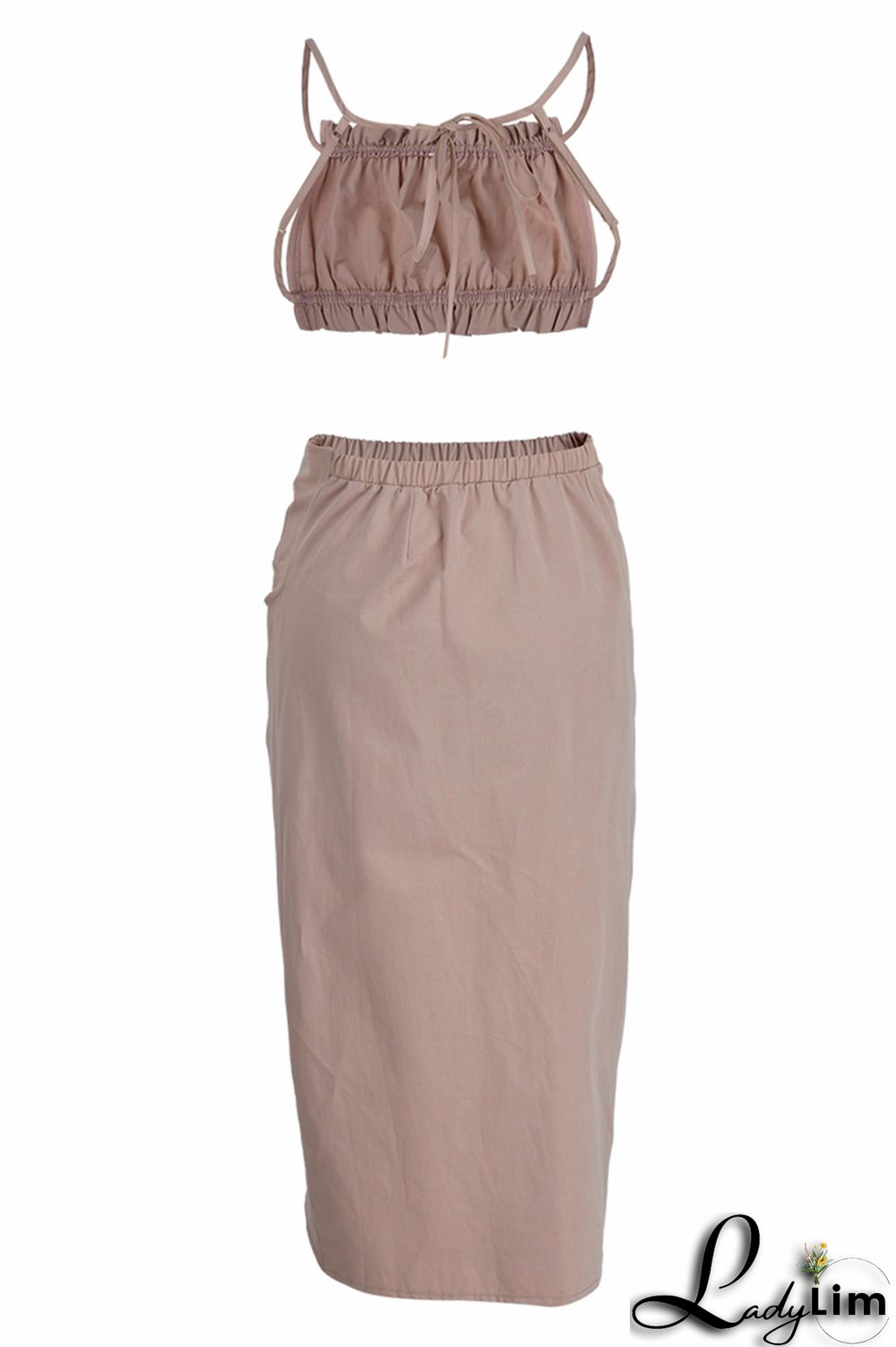 Apricot Sexy Casual Solid Bandage Backless Asymmetrical Halter Sleeveless Two Pieces