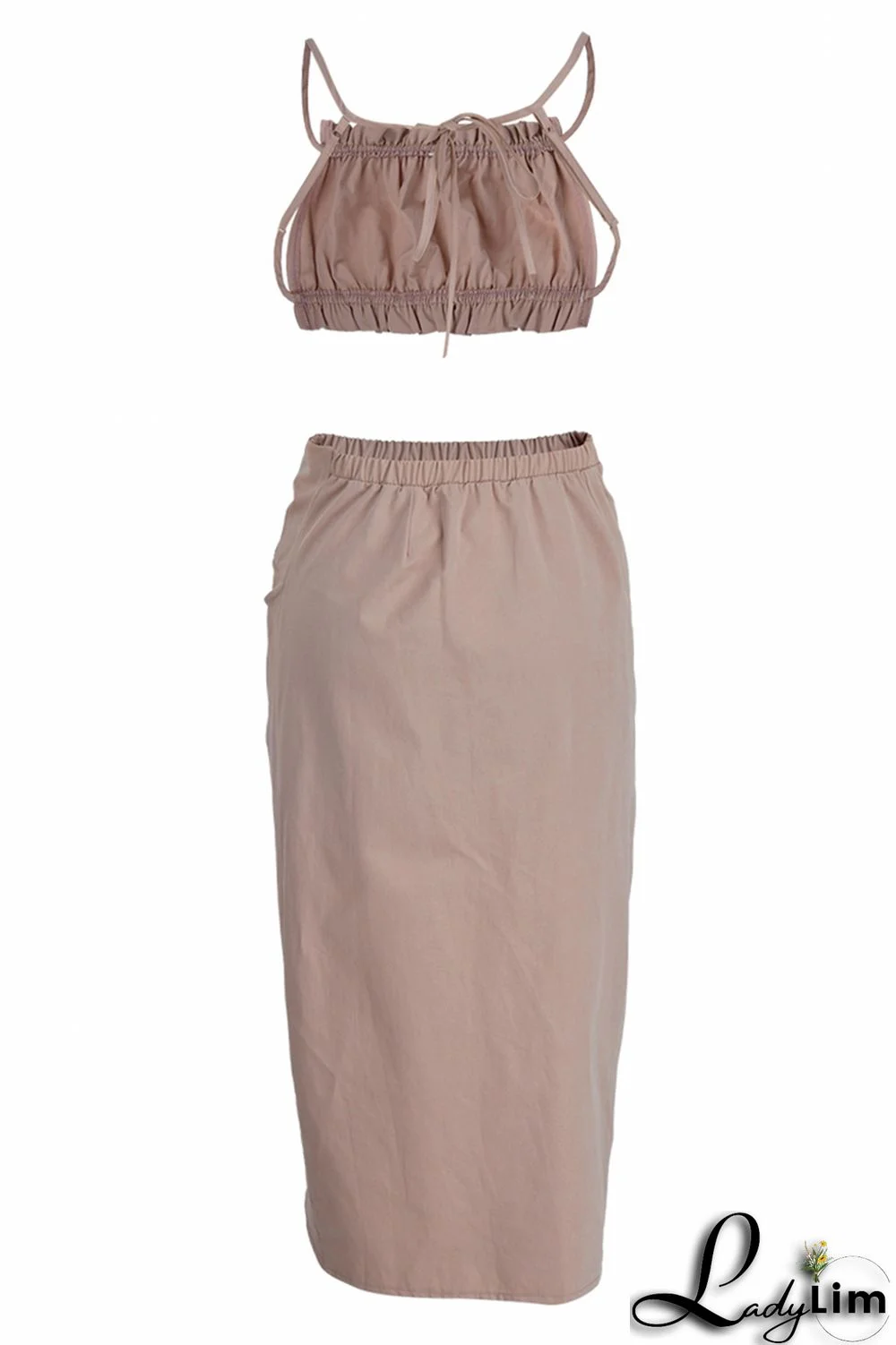 Apricot Sexy Casual Solid Bandage Backless Asymmetrical Halter Sleeveless Two Pieces