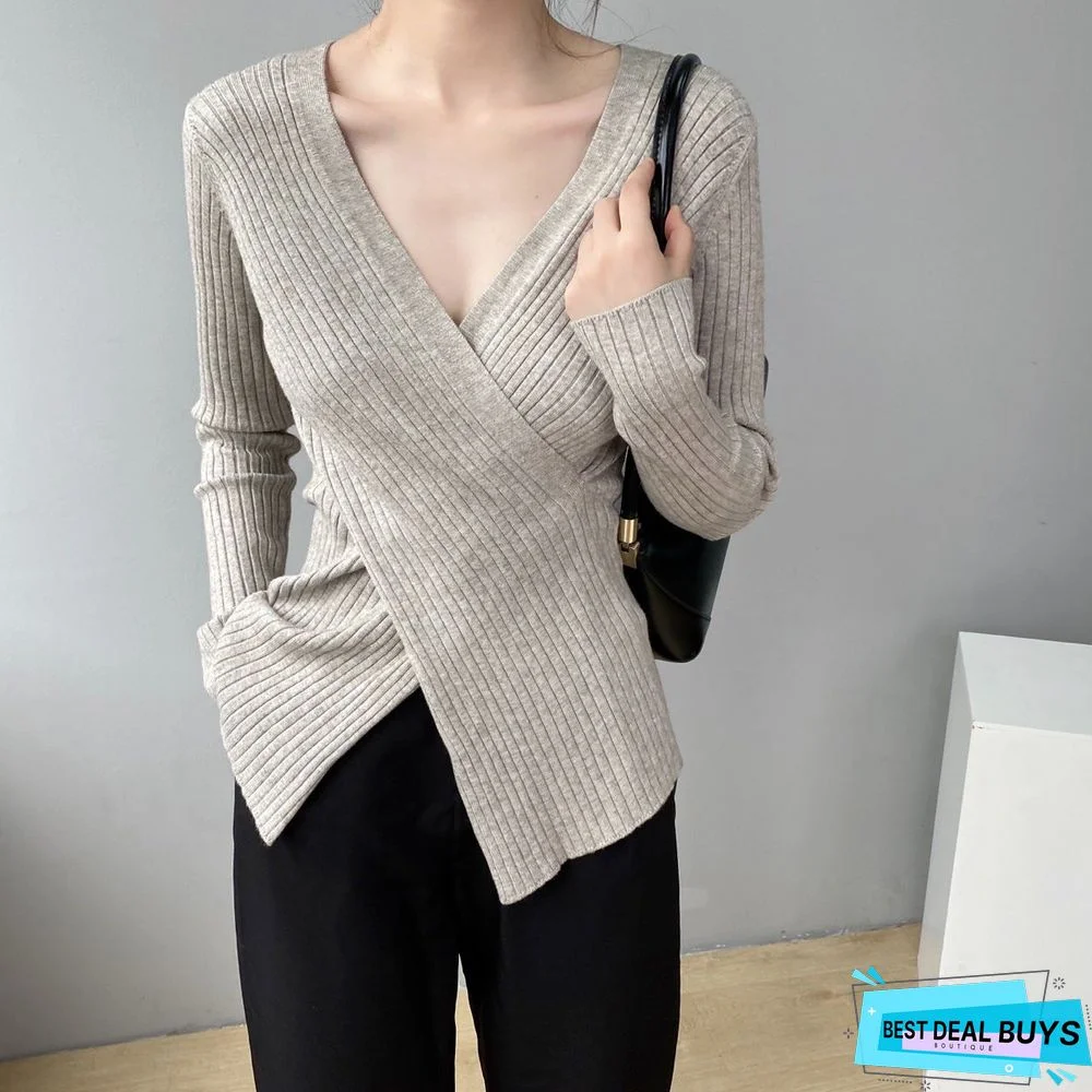 V-Neck Cross Long Sleeve Sweater For Women