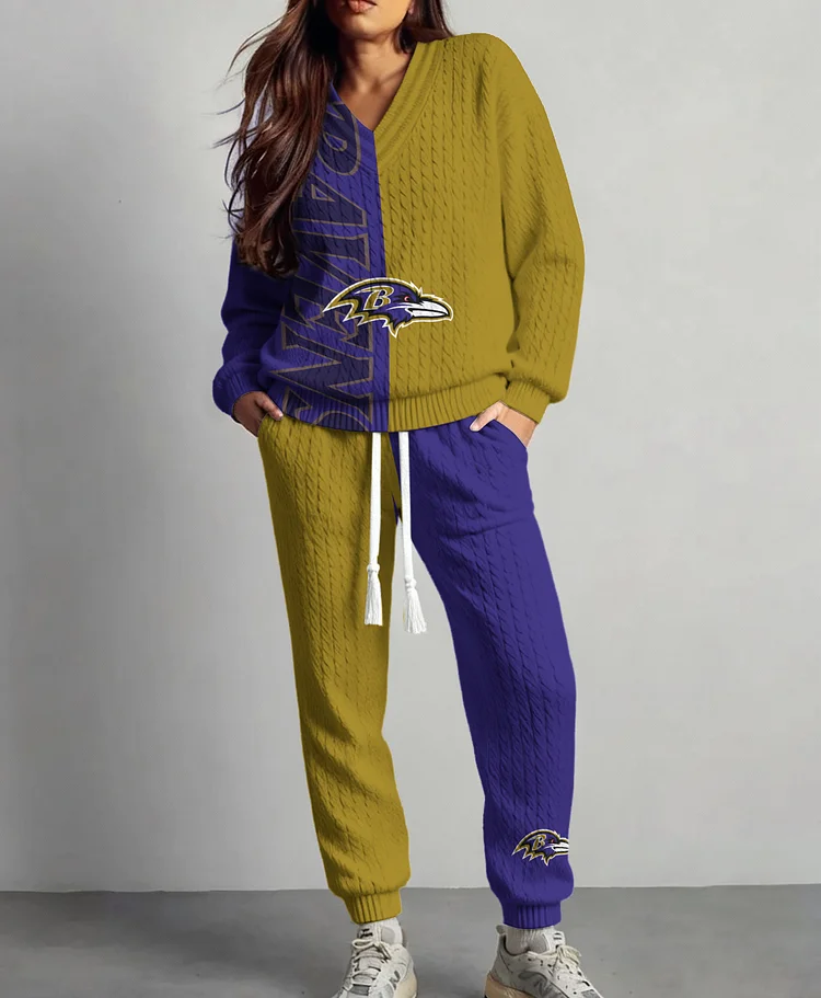 Baltimore Ravens  Classic All-Season Long Sleeve V-Neck Pullover Sweater & Pants Set