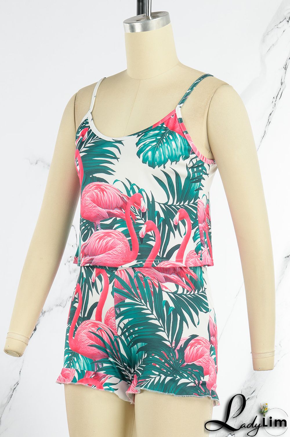 Light Blue Sexy Casual Print Backless Spaghetti Strap Two Pieces