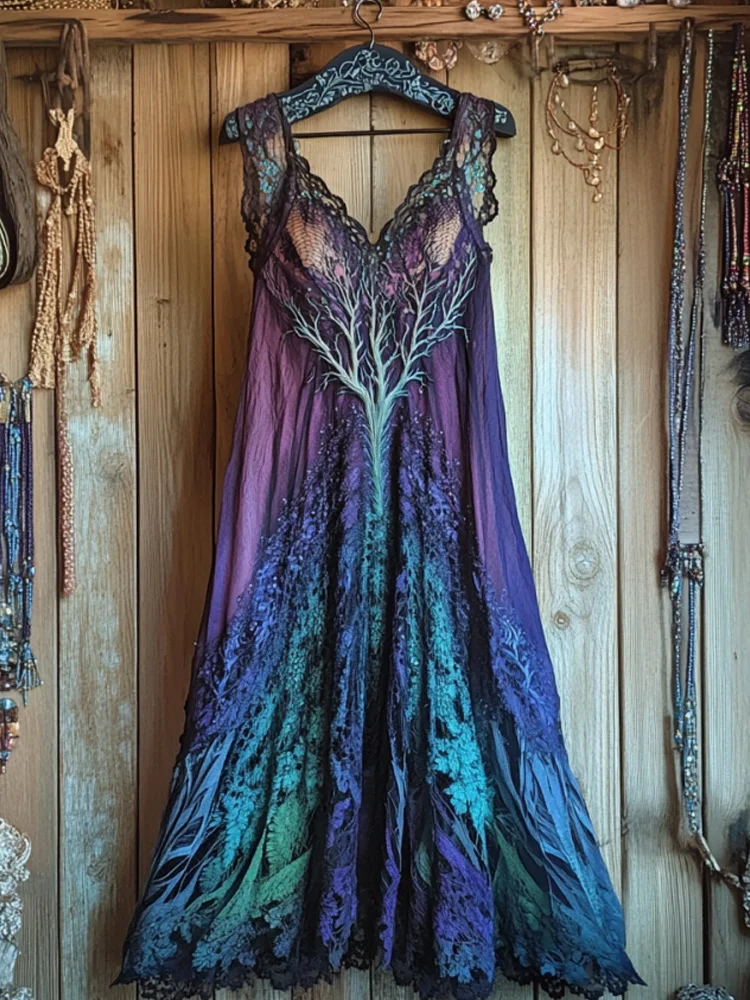 Women's Vintage Viking Tree Of Life Gradient Linen Sleeveless Dress