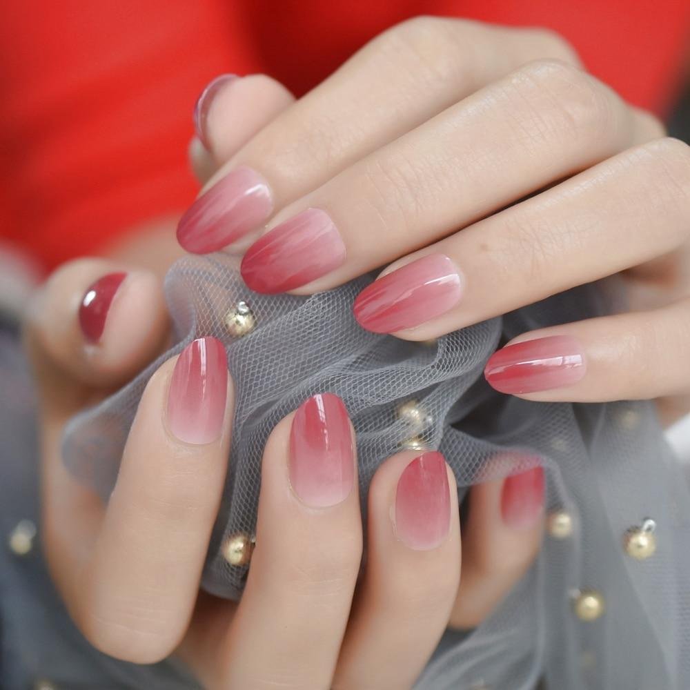 LightCoral Ombre Artificial False Nails Sleek UV Gel Acrylic Nail Oval Medium Color Tips with Gluetabs 24pcs 1024
