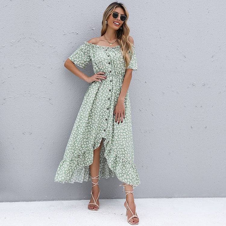 One Shoulder Ruffled Floral Midi Dress