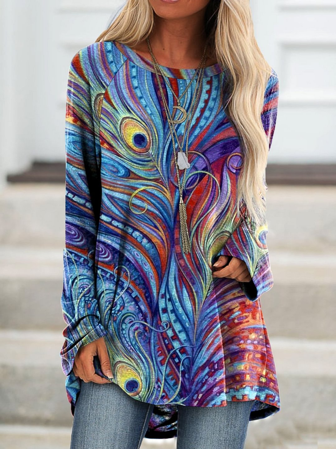Peacock Feather Print Round Collar Long Sleeve Vintage T-shirt