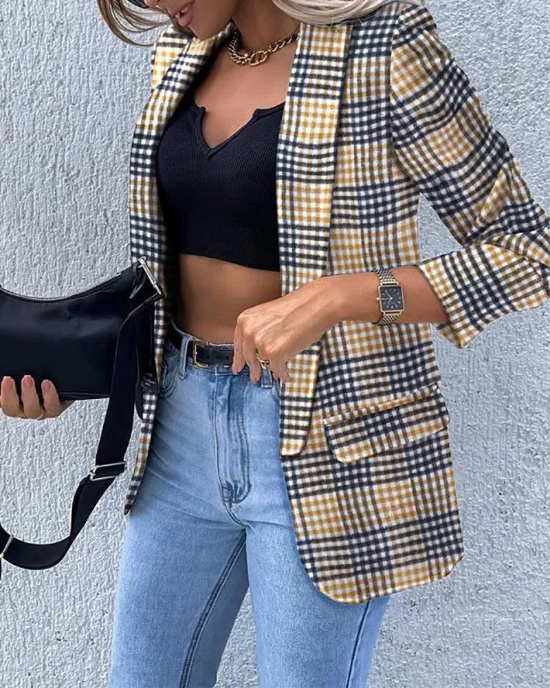 Plaid Print Long Sleeve Blazer Coat