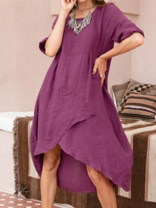 Women Half Sleeve Scoop Neck Solid Color Irregular Casual Dress