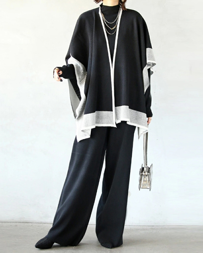 Contrast Trimmed Cardigan Turtleneck Top & Wide Leg Pants Three Piece Set