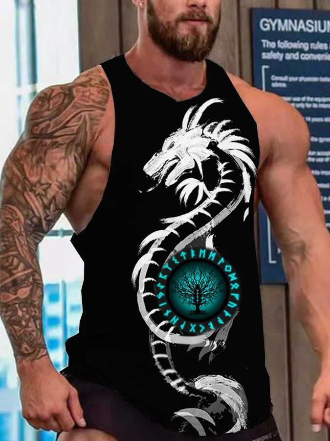 Broswear Men's Viking Culture Hand Painted Dragon and Tree of Life Print Tank Top