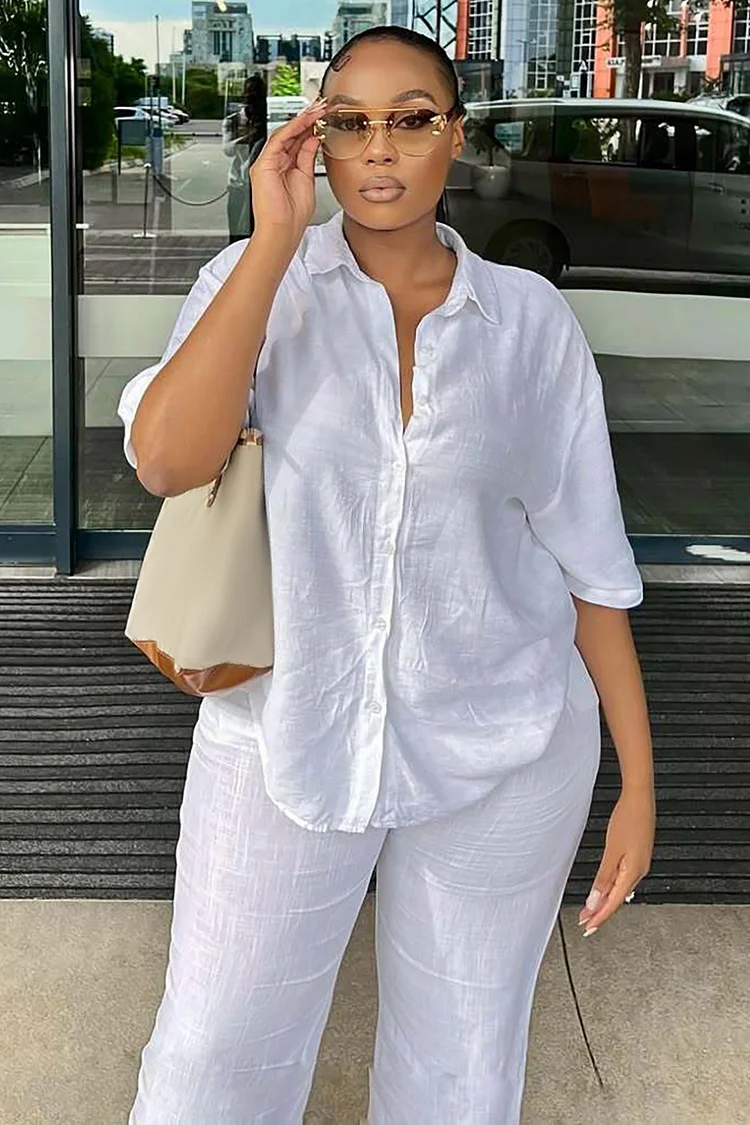 Button Up Short Sleeve Blouse Solid Color Pants Casual 2pcs Set-White