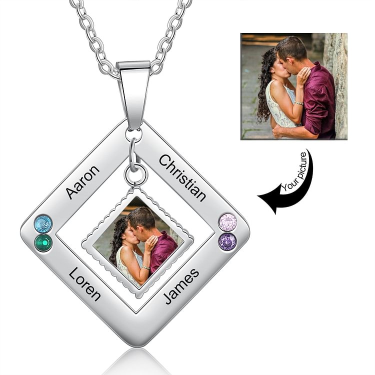 Custom Square Piceture NecklaceWith 4 Names And 4 Birthstones, Personalized Necklace with Picture