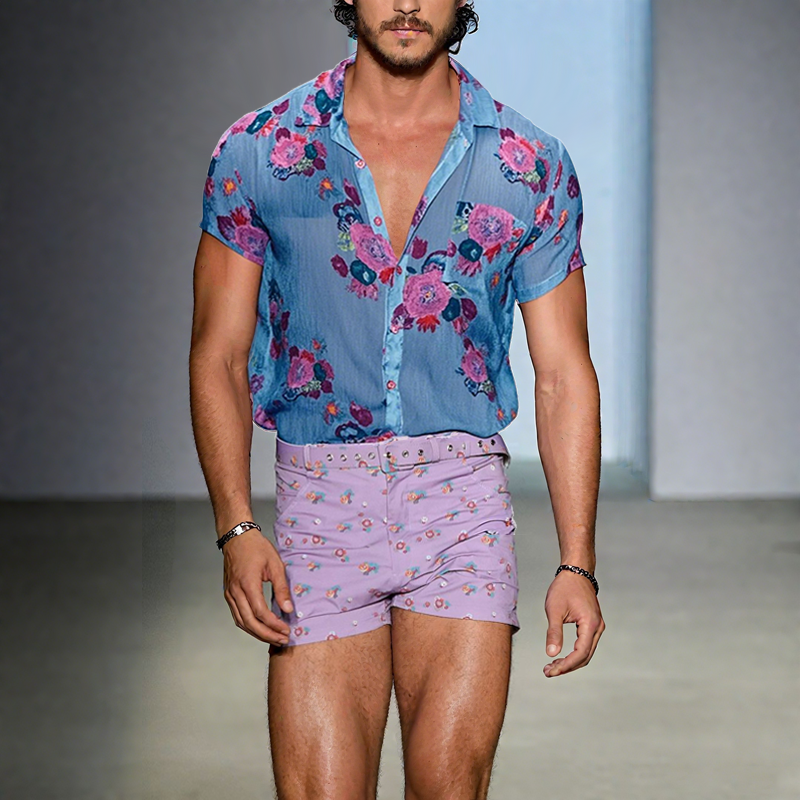 Men's Floral Lapel Short Sleeve Shirt Shorts Set (Without Belt)