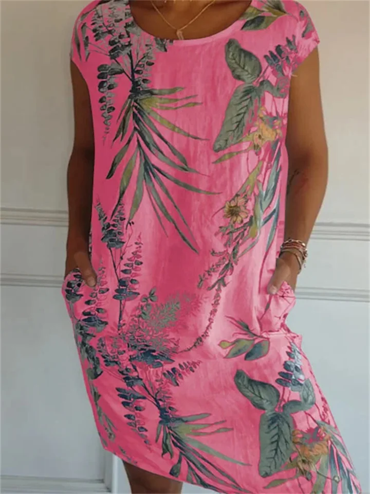 Summer New Women's Cotton and Linen Printing Round Neck Dress Floral Mid-length Dresses-JRSEE