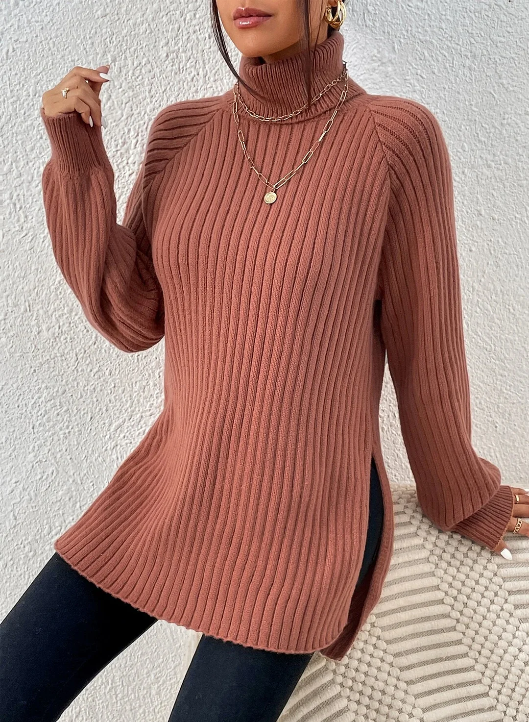 Women's Turtleneck Raglan Sleeve Split Hem Jumper