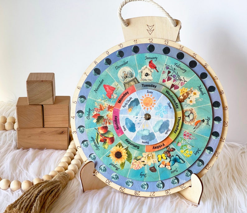 Wheel of the Year Wooden Perpetual Calendar Moon Phases image 1