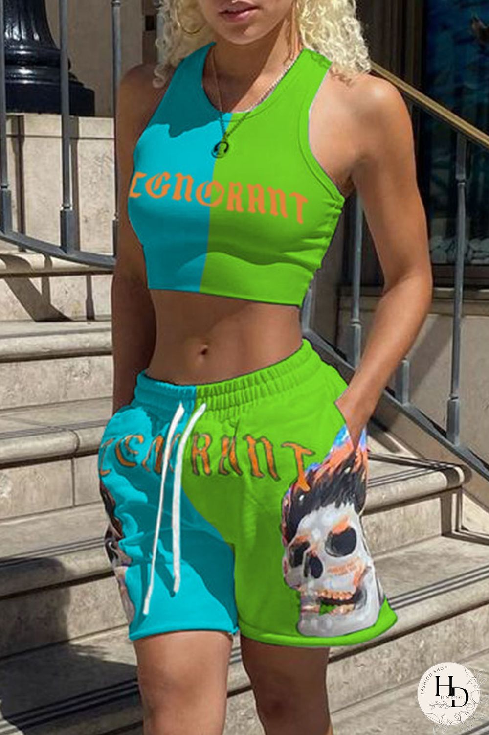 Rose Red Blue Sexy Casual Letter Print Contrast O Neck Sleeveless Two Pieces