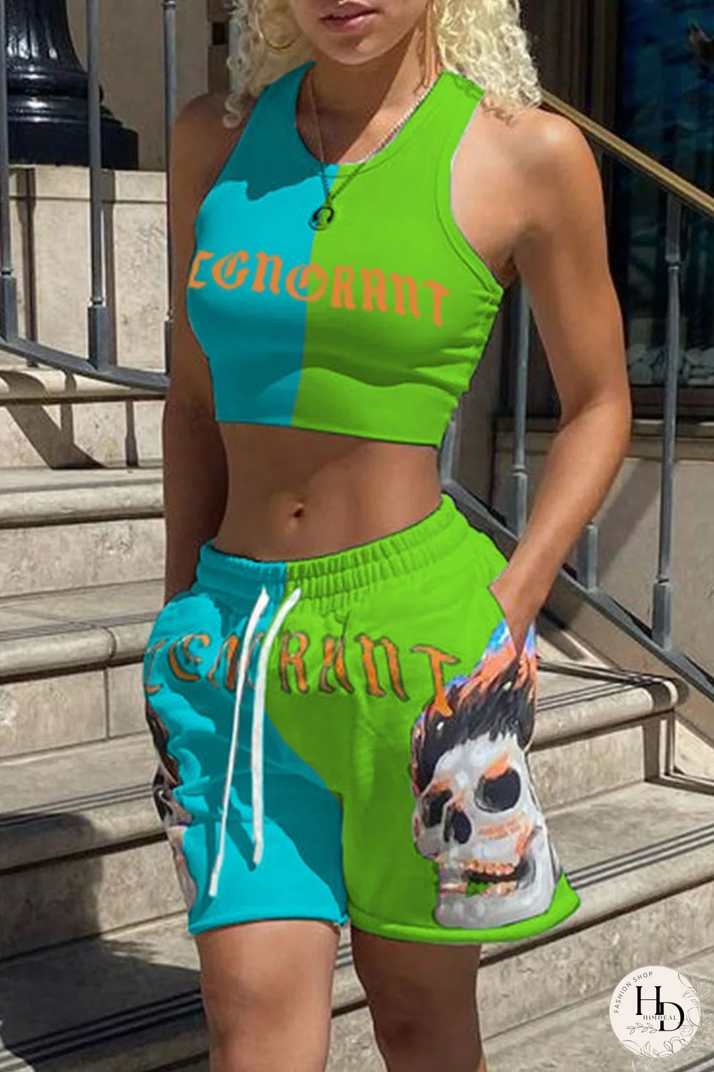 Rose Red Blue Sexy Casual Letter Print Contrast O Neck Sleeveless Two Pieces