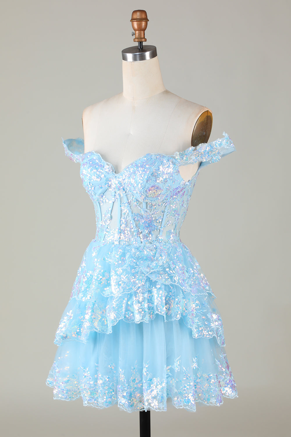 Lvs&Broner Off the Shoulder Sleeveless Sweetheart Ruffles Homecoming Dress With Sequins