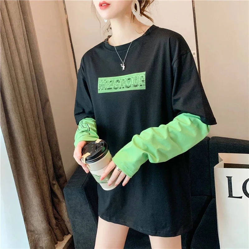 Oocharger and Autumn T-shirt Casual Letter Printing O-neck T-shirt Patchwork T-shirt Ladies Long Sleeve Top Hip Hop Streetwear