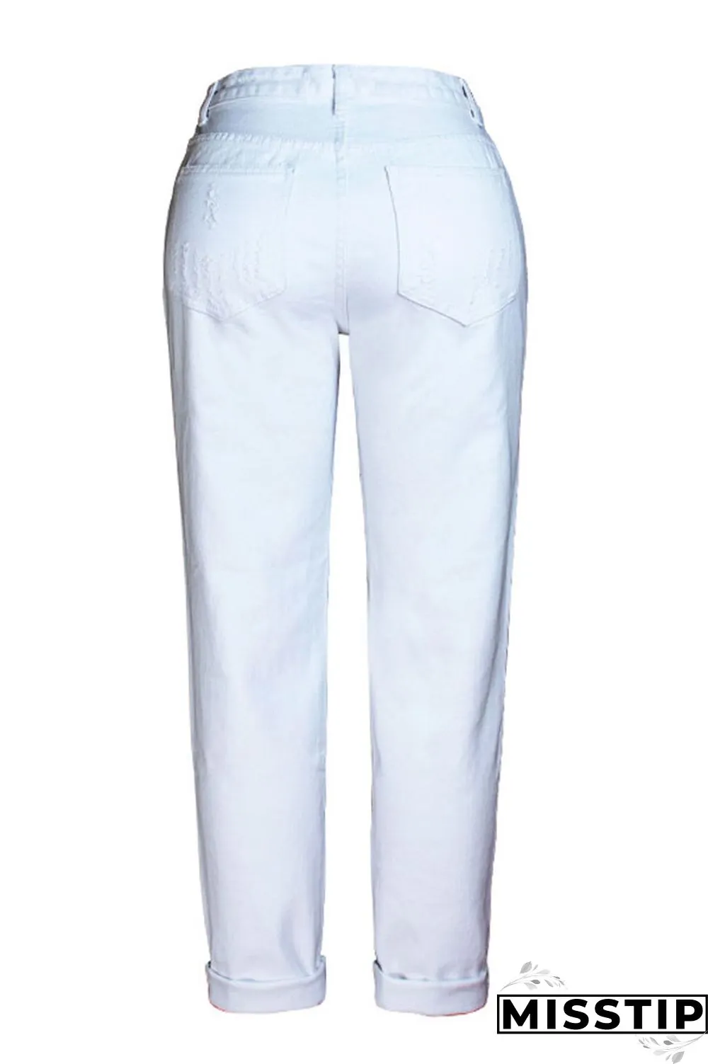 White Chic Broken Holes Denim Pants