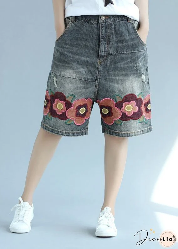 Organic Gray Pockets Patchwork Embroideried Shorts Summer