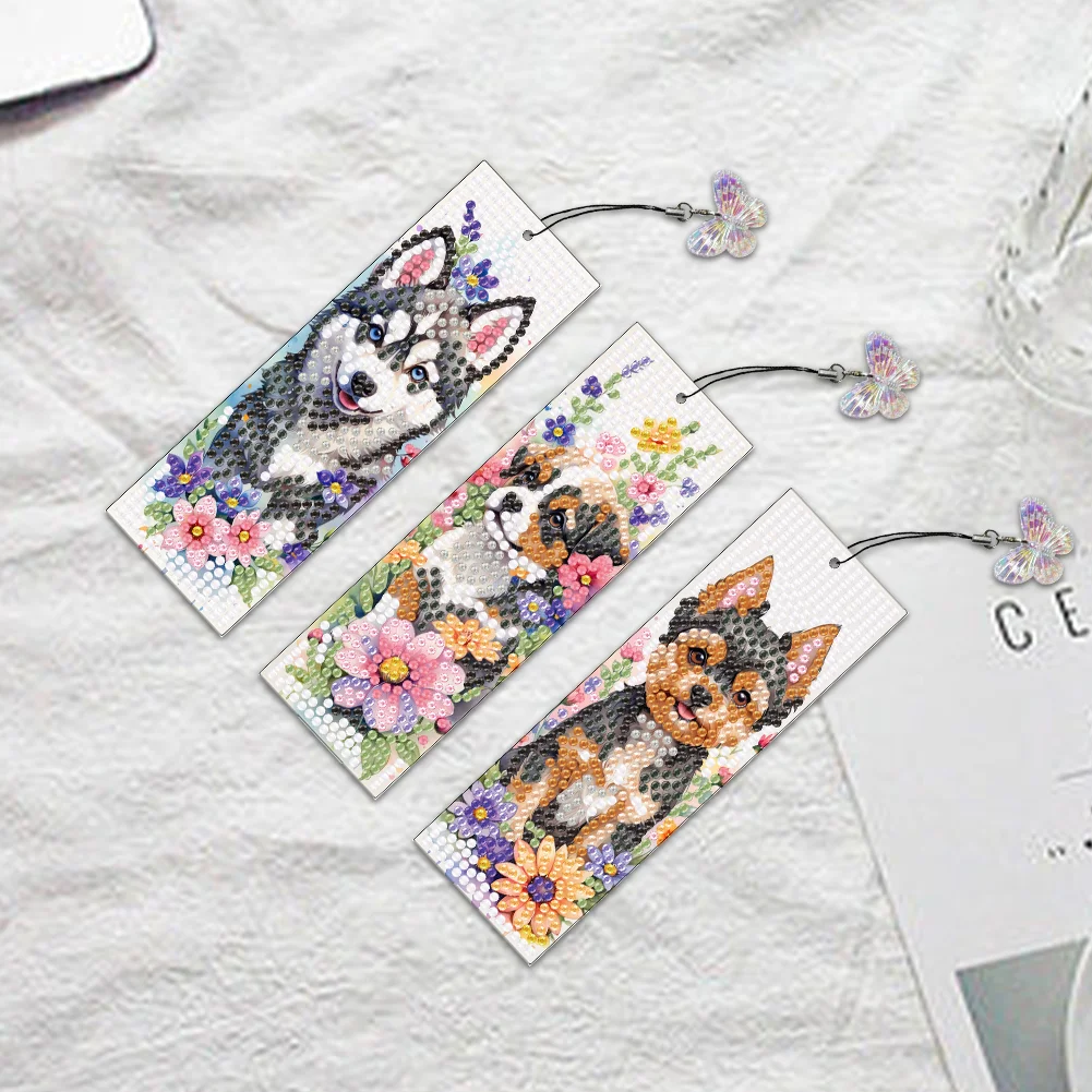 3Pcs DIY Dog Flower Special Shape DIY Diamond Painting Bookmarks Kits
