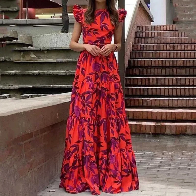 Uveng Uveng 2024 Dopamine Women's Printed Round Collar Long Flounce Large Hem Dress