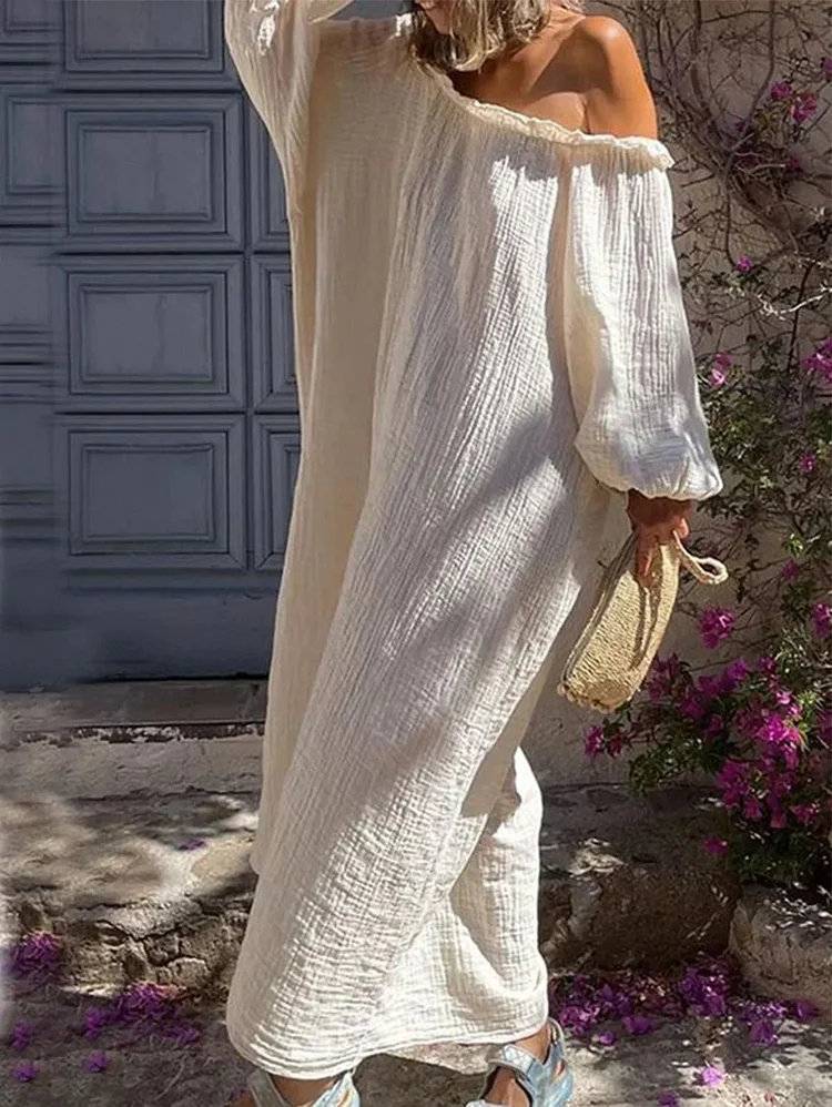 Casual Plain Off Shoulder Lantern Sleeve Loose Maxi Dress