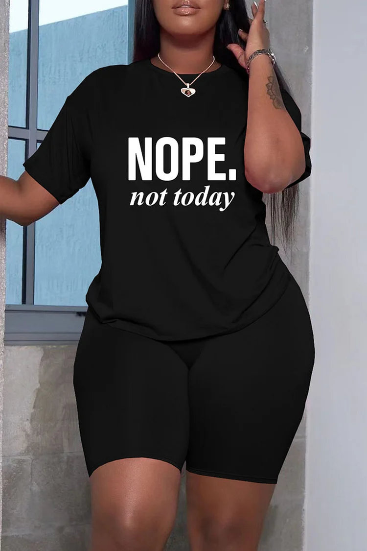 Black Fashion Casual Letter Print Basic O Neck Short Sleeve Two Pieces