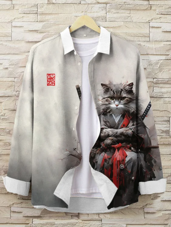 Men's Japanese Cat Samurai Art Print Lapel Collar Long Sleeve Shirt