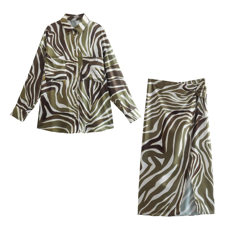Flaxmaker Retro Animal Printed Casual Shirt and Skirt Two Piece Set