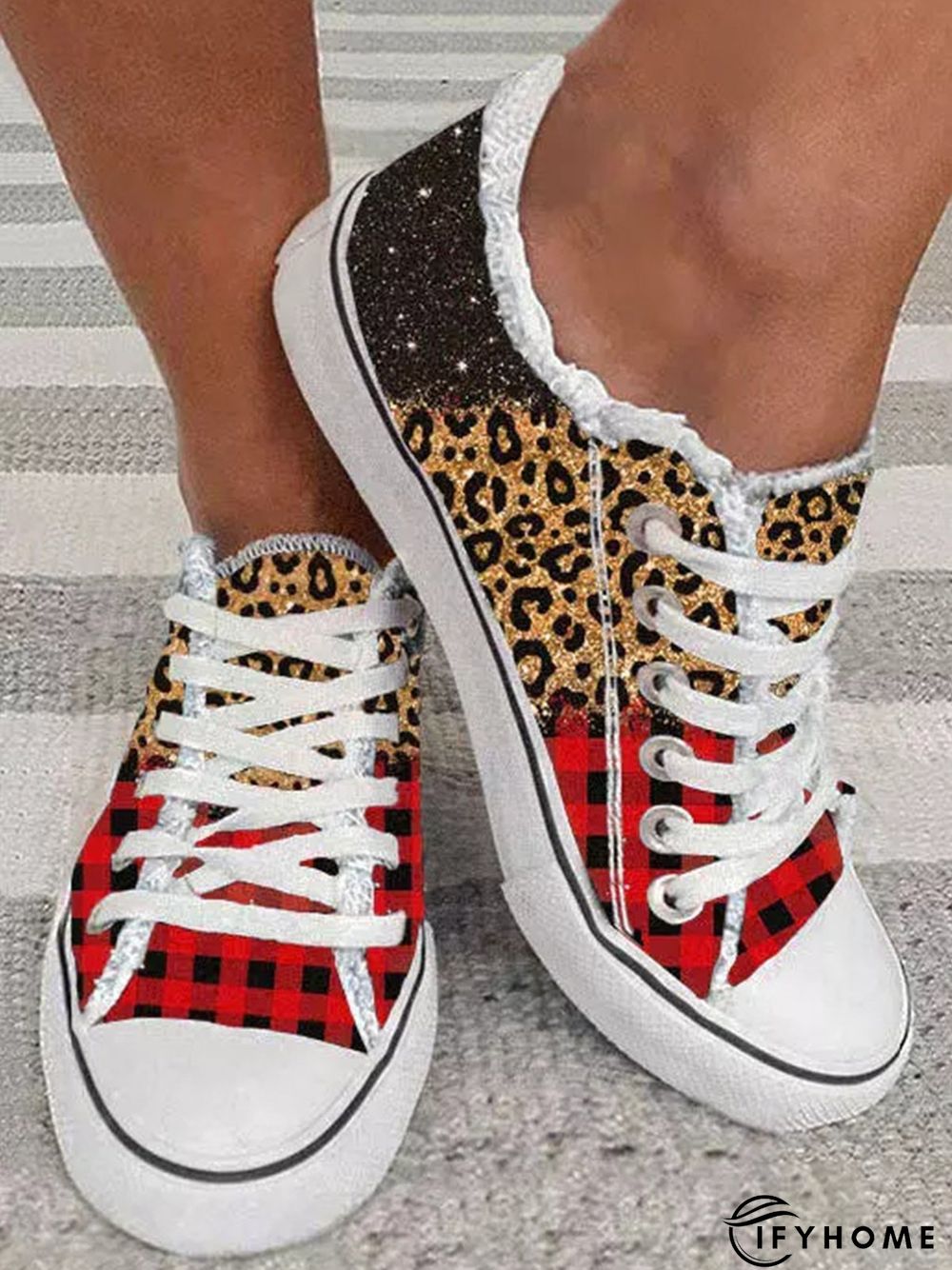 Christmas Leopard Check Panel Canvas Shoes | IFYHOME