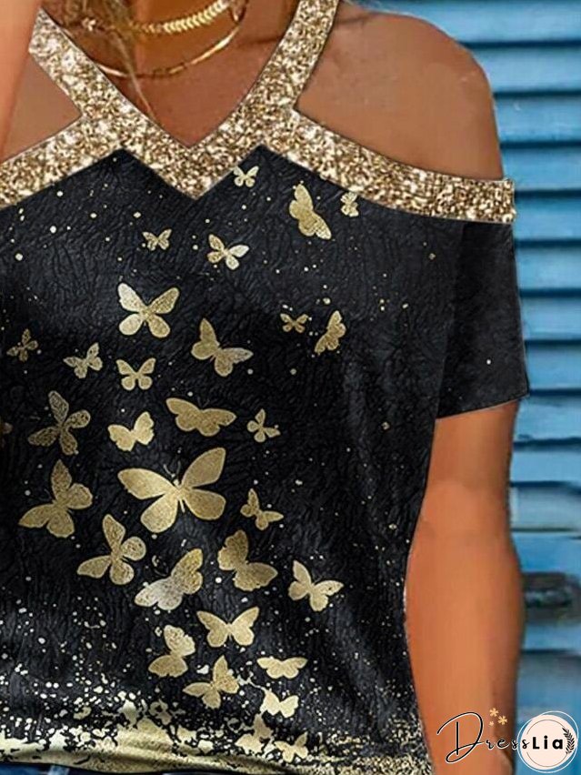 Gold Shoulder Strap V-Neck Off Shoulder Butterfly Print T-Shirts for Women