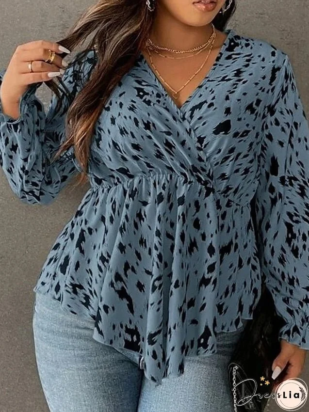 Blouse Blue Graphic Ruched Print Long Sleeve Work Daily Elegant V Neck Plus Size L for Women