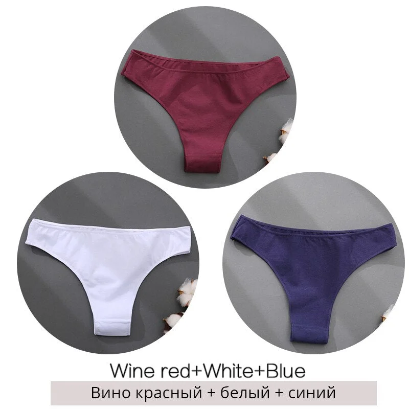 FINETOO 3Pcs/set Cotton Brazilian Panties M-2XL Women Underwear Ladies Soild Color T-back Underpants Sexy Low-rise Panty 2021