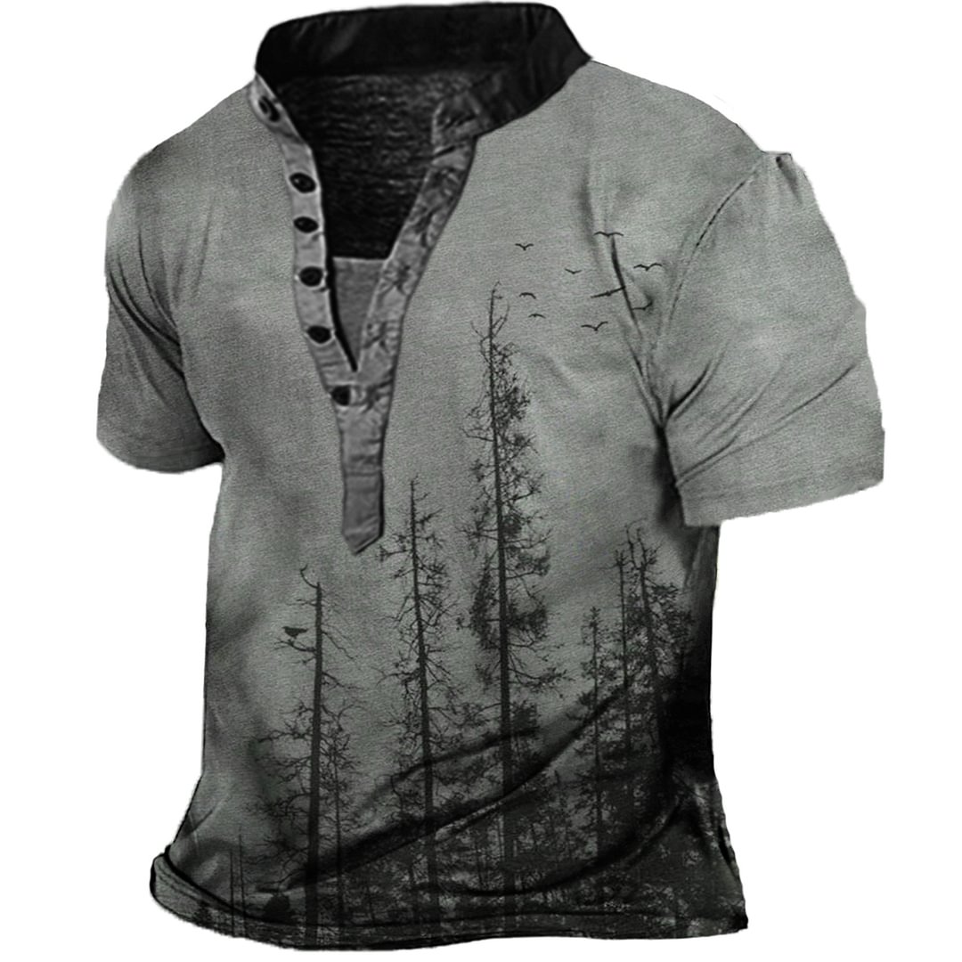 Men‘s Retro Printed Short Sleeve V Collar Button Outdoor Henley Shirt