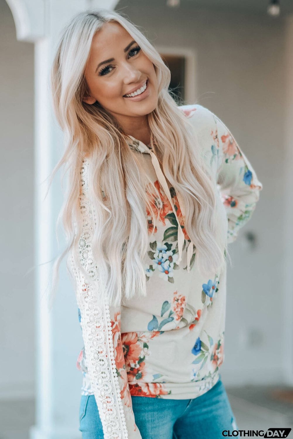 Apricot Floral Print Lace Contrast Long Sleeve Hoodie