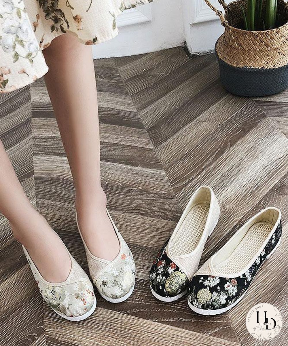 Black Print Linen Fabric Stylish Splicing Flats